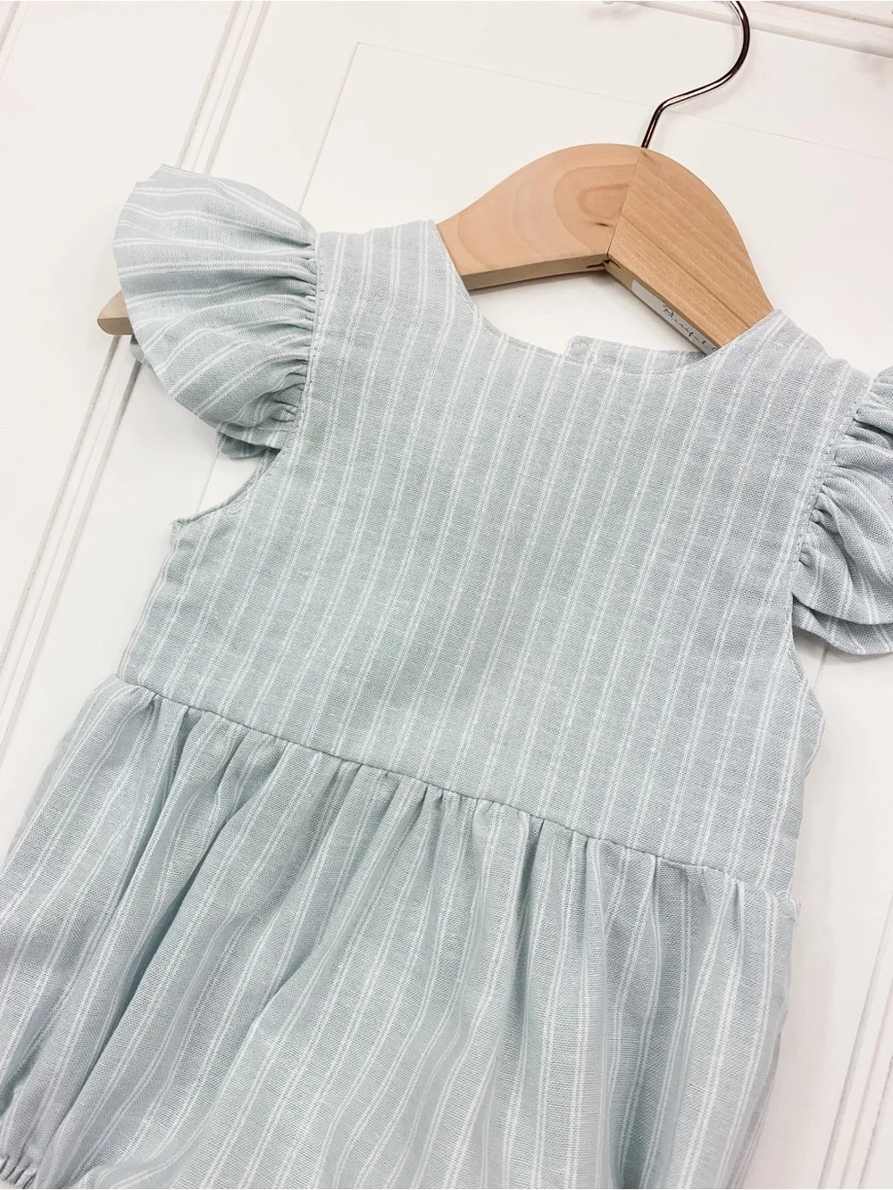 Striped Flutter Sleeve Baby Romper in Pale Blue
